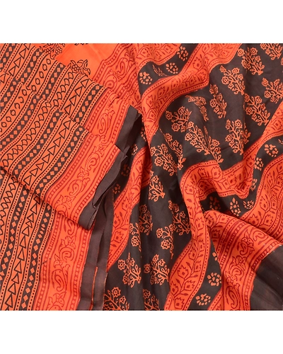 Sanskriti Vintage Dupatta Long Stole Pure Silk Peach Block Printed Scarves Veil DC-45132-Peach-Block Printed Work-Pure Silk-2