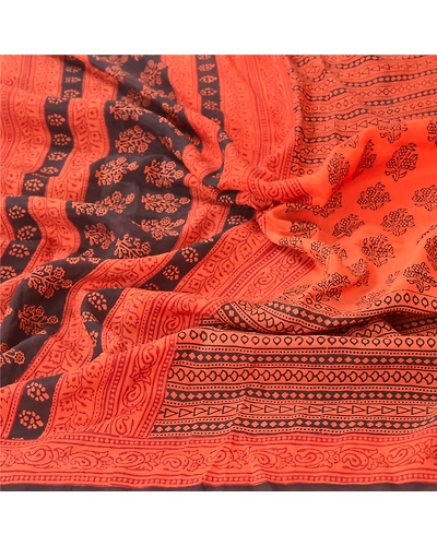 Sanskriti Vintage Dupatta Long Stole Pure Silk Peach Block Printed Scarves Veil DC-45132-Peach-Block Printed Work-Pure Silk-4