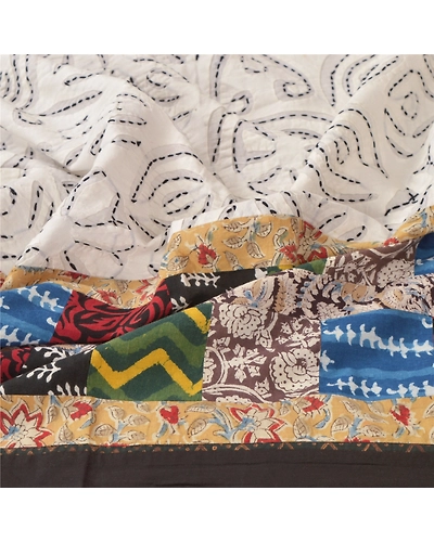 Sanskriti Vintage Dupatta Long Stole Pure Cotton White Block Printed Kalamkari DC-45169-White-Block Printed Work-Pure Cotton-4