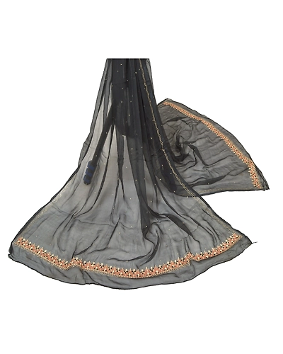Sanskriti Vintage Dupatta Long Stole Pure Chiffon Silk Black Hand Beaded Veil DC-45203-Black-Zari/Zardozi Work-Pure Chiffon Silk-1