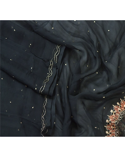 Sanskriti Vintage Dupatta Long Stole Pure Chiffon Silk Black Hand Beaded Veil DC-45203-Black-Zari/Zardozi Work-Pure Chiffon Silk-2