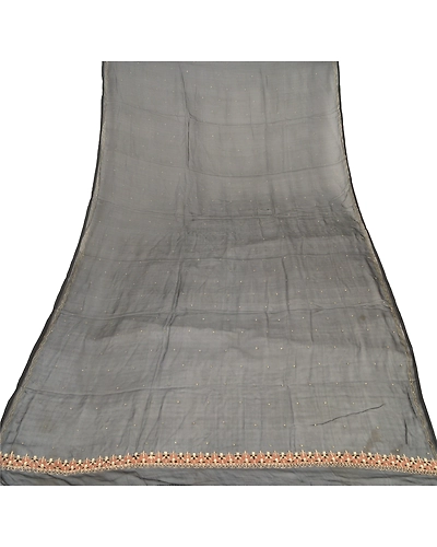 Sanskriti Vintage Dupatta Long Stole Pure Chiffon Silk Black Hand Beaded Veil DC-45203-Black-Zari/Zardozi Work-Pure Chiffon Silk-5