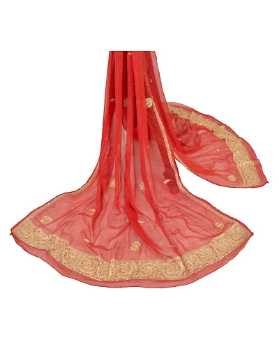 Sanskriti Vintage Dupatta Long Stole Pure Chiffon Silk Brick Red Hand Beaded DC-45244-Brick Red-Zari/Zardozi Work-Pure Chiffon Silk-1