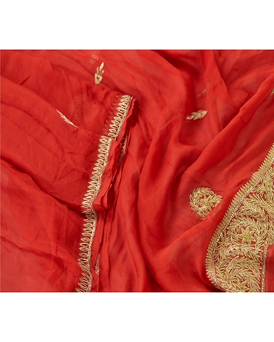 Sanskriti Vintage Dupatta Long Stole Pure Chiffon Silk Brick Red Hand Beaded DC-45244-Brick Red-Zari/Zardozi Work-Pure Chiffon Silk-2