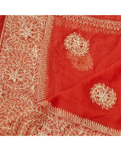 Sanskriti Vintage Dupatta Long Stole Pure Chiffon Silk Brick Red Hand Beaded DC-45244-Brick Red-Zari/Zardozi Work-Pure Chiffon Silk-3