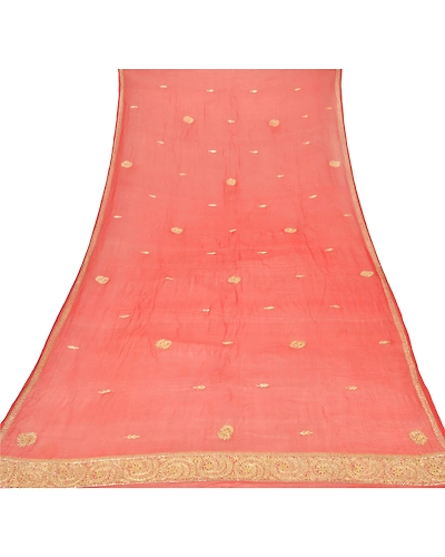 Sanskriti Vintage Dupatta Long Stole Pure Chiffon Silk Brick Red Hand Beaded DC-45244-Brick Red-Zari/Zardozi Work-Pure Chiffon Silk-5