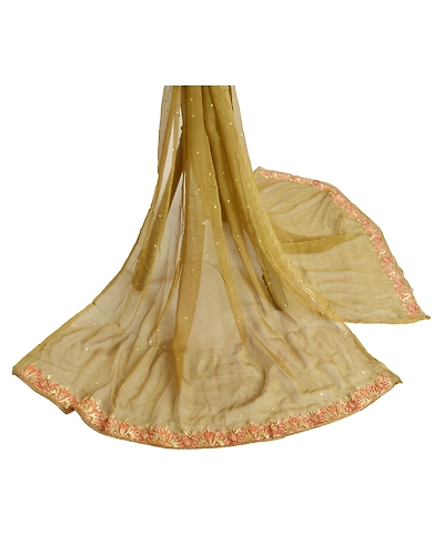 Sanskriti Vintage Dupatta Long Stole Pure Chiffon Silk Green Hand Beaded Veil DC-45264-Green-Zari/Zardozi Work-Pure Chiffon Silk-1