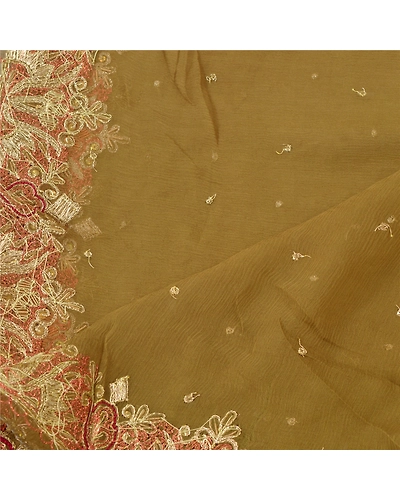 Sanskriti Vintage Dupatta Long Stole Pure Chiffon Silk Green Hand Beaded Veil DC-45264-Green-Zari/Zardozi Work-Pure Chiffon Silk-3
