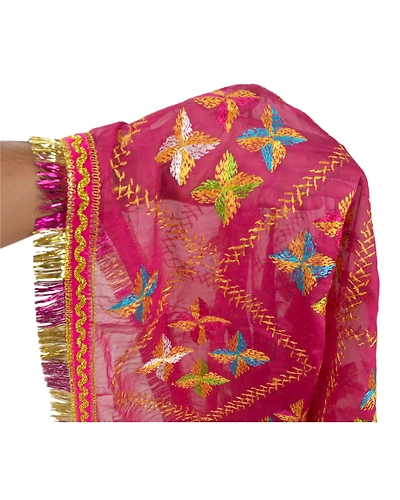 Sanskriti Vintage Dupatta Long Stole Ooak Pink Art Silk Hand Embroidery Phulkari DC-45363-Pink-Thread Work-Art (Artificial) Silk-1