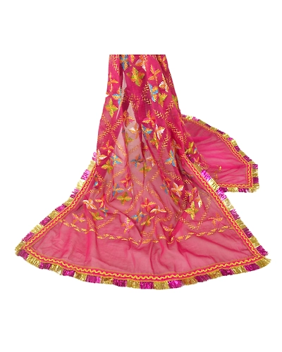 Sanskriti Vintage Dupatta Long Stole Ooak Pink Art Silk Hand Embroidery Phulkari DC-45363-Pink-Thread Work-Art (Artificial) Silk-2