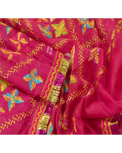 Sanskriti Vintage Dupatta Long Stole Ooak Pink Art Silk Hand Embroidery Phulkari DC-45363-Pink-Thread Work-Art (Artificial) Silk-3