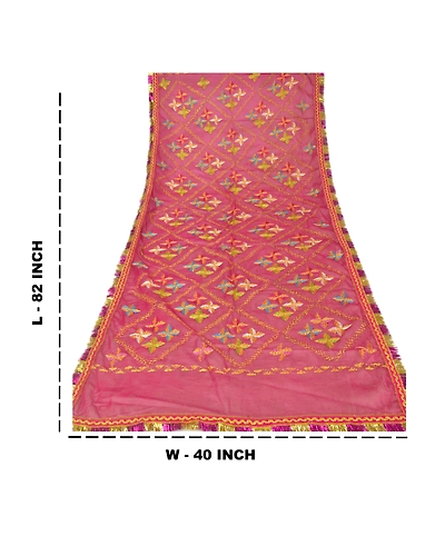 Sanskriti Vintage Dupatta Long Stole Ooak Pink Art Silk Hand Embroidery Phulkari DC-45363-Pink-Thread Work-Art (Artificial) Silk-5