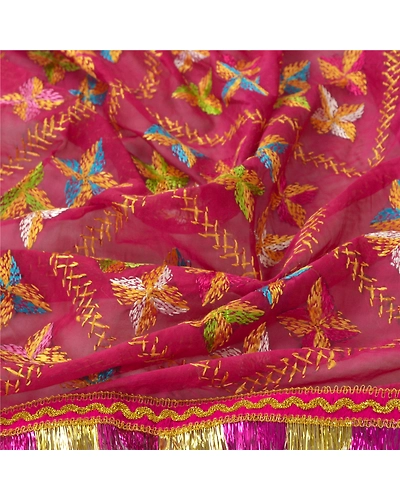Sanskriti Vintage Dupatta Long Stole Ooak Pink Art Silk Hand Embroidery Phulkari DC-45363-Pink-Thread Work-Art (Artificial) Silk-7