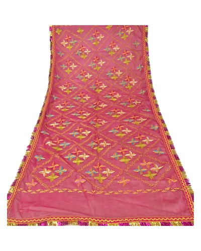 Sanskriti Vintage Dupatta Long Stole Ooak Pink Art Silk Hand Embroidery Phulkari DC-45363-Pink-Thread Work-Art (Artificial) Silk-8