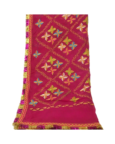 Sanskriti Vintage Dupatta Long Stole Ooak Pink Art Silk Hand Embroidery Phulkari DC-45363-Pink-Thread Work-Art (Artificial) Silk-9