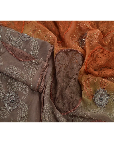 Sanskriti Vintage Dupatta Long Stole Pure Chiffon Silk Brown Hand Beaded Veil DC-45423-Brown-Patch Work-Pure Chiffon Silk-3