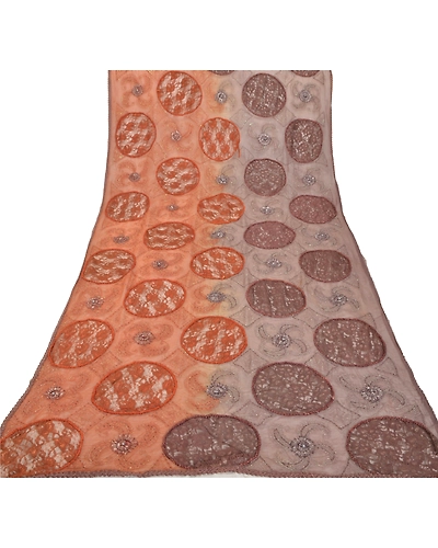 Sanskriti Vintage Dupatta Long Stole Pure Chiffon Silk Brown Hand Beaded Veil DC-45423-Brown-Patch Work-Pure Chiffon Silk-8