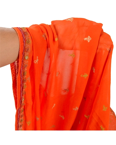Sanskriti Vintage Dupatta Long Stole Pure Georgette Silk Orange Embroidered DC-45457-Orange-Thread Work-Pure Georgette Silk-1