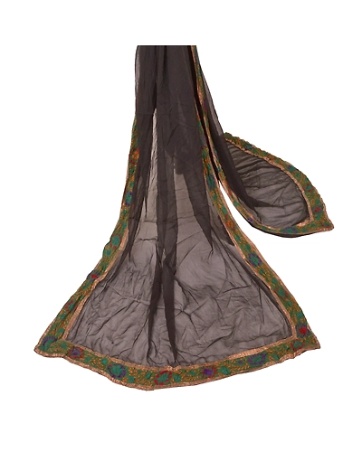 Sanskriti Vintage Dupatta Long Stole Ooak Black Hand Embroidered Phulkari Veil DC-45459-Black-Thread Work-Pure Chiffon Silk-2