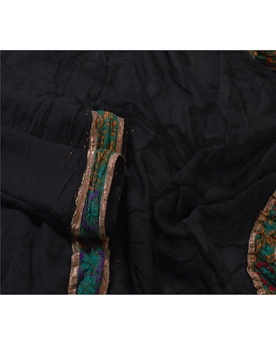 Sanskriti Vintage Dupatta Long Stole Ooak Black Hand Embroidered Phulkari Veil DC-45459-Black-Thread Work-Pure Chiffon Silk-3
