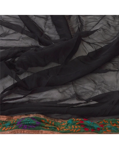 Sanskriti Vintage Dupatta Long Stole Ooak Black Hand Embroidered Phulkari Veil DC-45459-Black-Thread Work-Pure Chiffon Silk-6