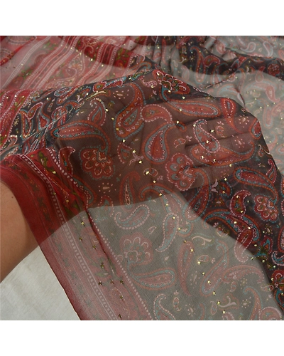 Sanskriti Vintage Dupatta Long Stole Georgette Brick Red Mukesh Work Printed DC-45676-Brick Red-Printed Work-Georgette-5