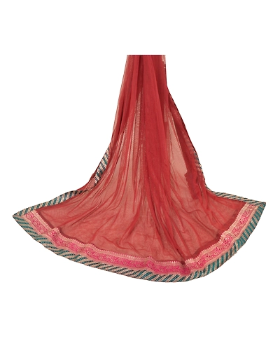 Sanskriti Vintage Dupatta Long Stole Net Mesh Dark Red Embroidered Wrap Veil DC-45704-Dark Red-Patch Work-Net Mesh-3