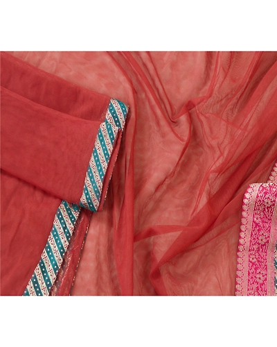 Sanskriti Vintage Dupatta Long Stole Net Mesh Dark Red Embroidered Wrap Veil DC-45704-Dark Red-Patch Work-Net Mesh-4