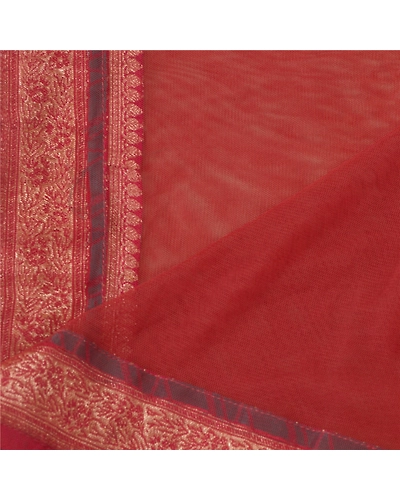 Sanskriti Vintage Dupatta Long Stole Net Mesh Dark Red Embroidered Wrap Veil DC-45704-Dark Red-Patch Work-Net Mesh-5