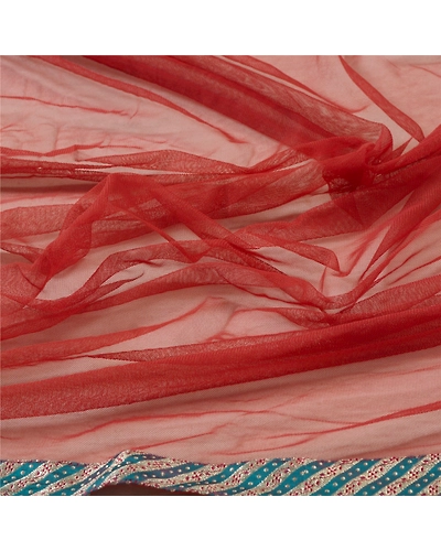 Sanskriti Vintage Dupatta Long Stole Net Mesh Dark Red Embroidered Wrap Veil DC-45704-Dark Red-Patch Work-Net Mesh-7