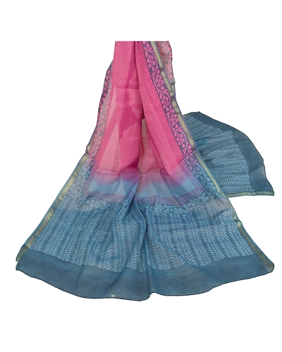 Sanskriti Vintage Dupatta Long Stole Chanderi Pink Wrap Scarves Printed Hijab DC-45715-Pink &amp; Blue-Printed Work-Chanderi-3