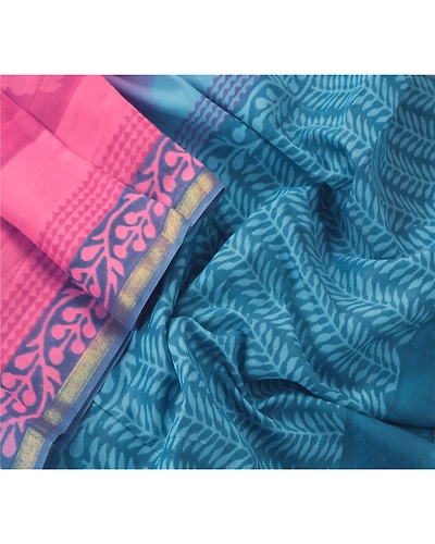Sanskriti Vintage Dupatta Long Stole Chanderi Pink Wrap Scarves Printed Hijab DC-45715-Pink &amp; Blue-Printed Work-Chanderi-4