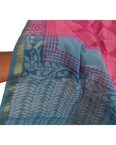Sanskriti Vintage Dupatta Long Stole Chanderi Pink Wrap Scarves Printed Hijab DC-45715-Pink &amp; Blue-Printed Work-Chanderi-6
