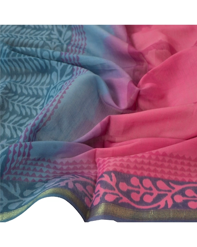 Sanskriti Vintage Dupatta Long Stole Chanderi Pink Wrap Scarves Printed Hijab DC-45715-Pink &amp; Blue-Printed Work-Chanderi-7