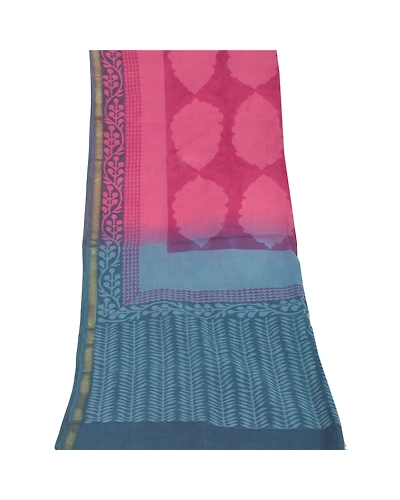 Sanskriti Vintage Dupatta Long Stole Chanderi Pink Wrap Scarves Printed Hijab DC-45715-Pink &amp; Blue-Printed Work-Chanderi-9
