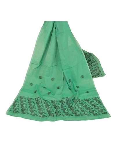 Sanskriti Vintage Dupatta Long Stole Cotton Green Wrap Shawl Woven Scarves DC-45885-Green-Woven Work-Cotton-2