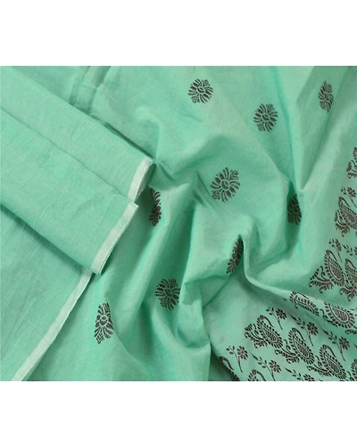 Sanskriti Vintage Dupatta Long Stole Cotton Green Wrap Shawl Woven Scarves DC-45885-Green-Woven Work-Cotton-3