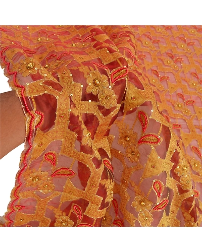 Sanskriti Vintage Dupatta Long Stole Organza Brown Hand Beaded Woven Scarves DC-45955-Brown-Beaded Work-Organza-6