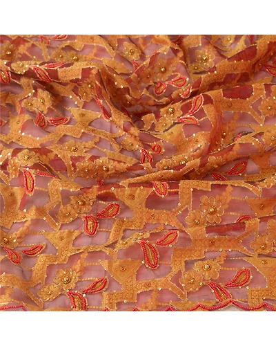 Sanskriti Vintage Dupatta Long Stole Organza Brown Hand Beaded Woven Scarves DC-45955-Brown-Beaded Work-Organza-7