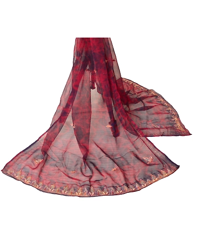 Sanskriti Vintage Dupatta Long Stole Chiffon Red Hand Embroidered Tie-Dye Veil DC-45990-Red &amp; Blue-Zari Work-Chiffon-3