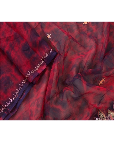 Sanskriti Vintage Dupatta Long Stole Chiffon Red Hand Embroidered Tie-Dye Veil DC-45990-Red &amp; Blue-Zari Work-Chiffon-4
