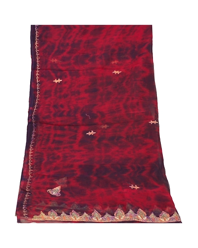Sanskriti Vintage Dupatta Long Stole Chiffon Red Hand Embroidered Tie-Dye Veil DC-45990-Red &amp; Blue-Zari Work-Chiffon-9