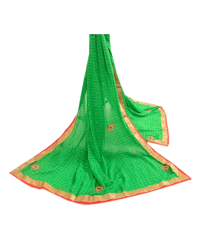 Sanskriti Vintage Dupatta Long Stole Art Silk Green Hand Beaded Woven Scarves DC-45996-Green-Rhinestones Work-Art (Artificial) Silk-3