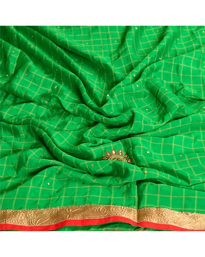 Sanskriti Vintage Dupatta Long Stole Art Silk Green Hand Beaded Woven Scarves DC-45996-Green-Rhinestones Work-Art (Artificial) Silk-7