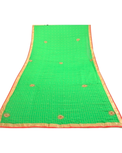 Sanskriti Vintage Dupatta Long Stole Art Silk Green Hand Beaded Woven Scarves DC-45996-Green-Rhinestones Work-Art (Artificial) Silk-8