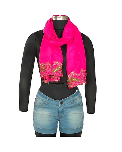 Sanskriti Vintage Hot Pink Long Dupatta/Stole 100% Pure Silk Hand Beaded Scarves DC-45999-Hot Pink-Sequins Work-Pure Silk-1