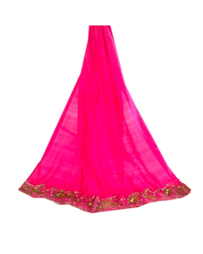 Sanskriti Vintage Hot Pink Long Dupatta/Stole 100% Pure Silk Hand Beaded Scarves DC-45999-Hot Pink-Sequins Work-Pure Silk-3
