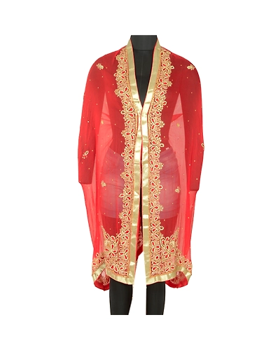 Sanskriti Vintage Red Long Dupatta Stole Pure Chiffon Silk Hand Beaded Scarves DC-46005-Red-Rhinestones Work-Pure Chiffon Silk-1