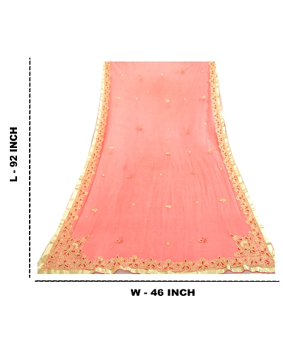 Sanskriti Vintage Red Long Dupatta Stole Pure Chiffon Silk Hand Beaded Scarves DC-46005-Red-Rhinestones Work-Pure Chiffon Silk-2