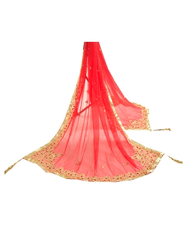 Sanskriti Vintage Red Long Dupatta Stole Pure Chiffon Silk Hand Beaded Scarves DC-46005-Red-Rhinestones Work-Pure Chiffon Silk-4